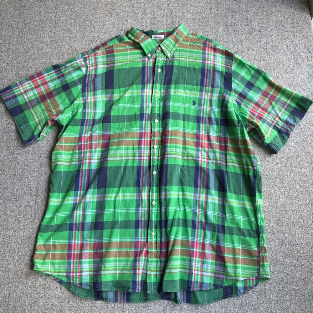 Ralph Lauren Shirt Mens 3XLT Green Madras Plaid RL Untucked Fit Short Sleeve